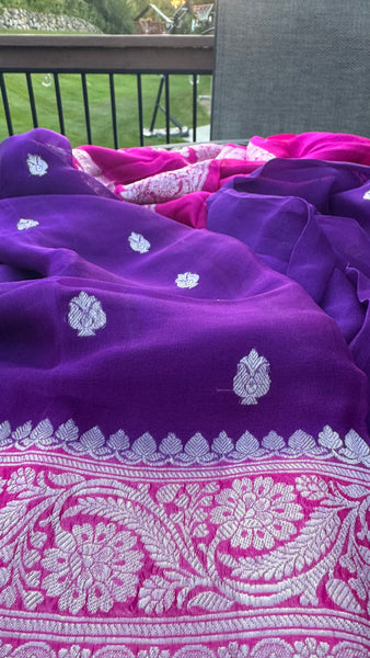 Purple and Hot Pink  Pure Handwoven Khaddi Banarasi Chiffon Georgette Saree
