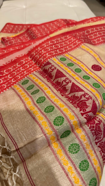 Handwoven Pure Tussar Silk Jamdani Saree