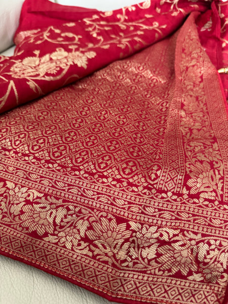Red and Gold Munga Banarasi Silk Saree