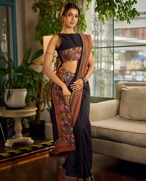 Black Cotton Saree with Ajrakh Print & Kalamkari Painted Border