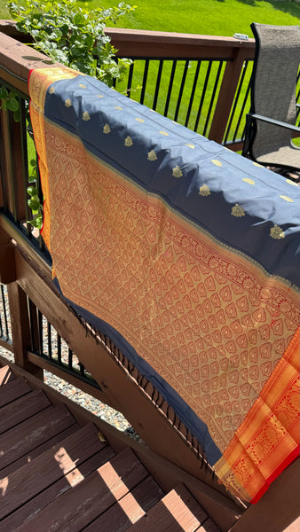Midnight Navy Blue Grey Blended Silk Saree with Antique Gold Zari Border & Red Contrast Accents