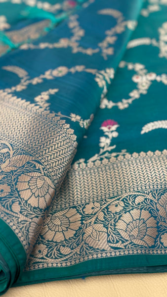 PEACOCK BLUE FLORAL SILK SAREE with SILVER ZARI BORDER