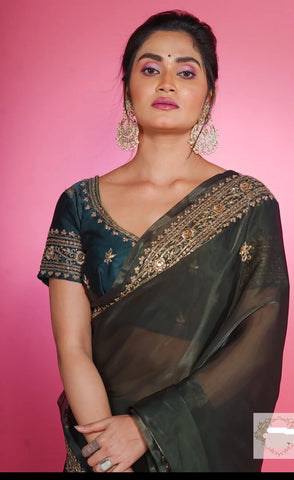 Dark Green Glassy Organza Saree