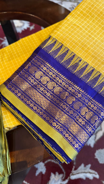 Yellow and Blue Pure Cotton Handloom Gadwal
