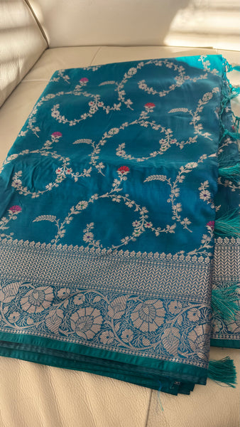PEACOCK BLUE FLORAL SILK SAREE with SILVER ZARI BORDER