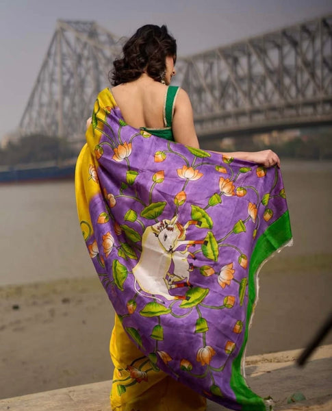 Mustard & Purple Bishnupuri Silk Saree with Handcrafted Floral Motifs