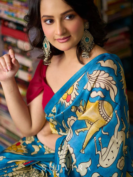 Blue Tussar Silk Saree with Bold Kalamkari Motifs