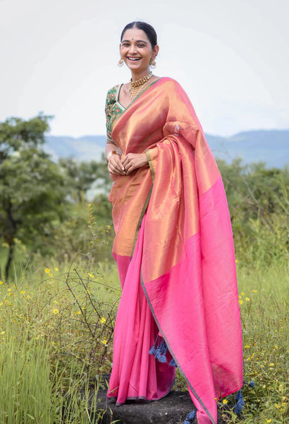 Elegant pink and gold half-and-half cotton-acrylic saree with zari-striped pallu
