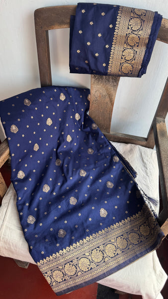 Navy Blue and Gold Pure Tussar Crepe Silk Saree