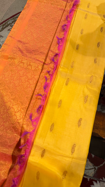 Yellow and Coral Pink Pure Silk Handloom Gadwal Saree