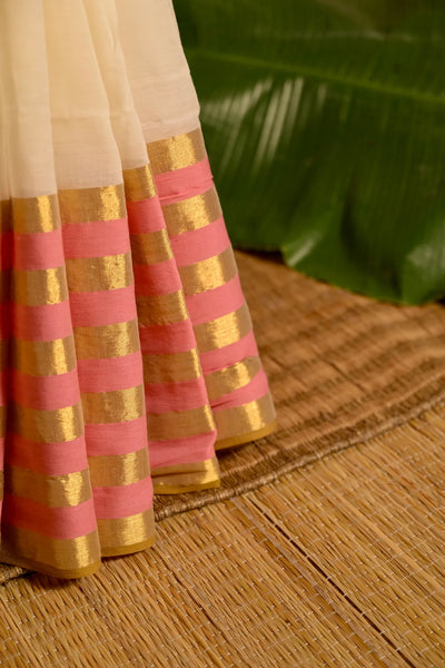 Cream White Cotton Saree with Pink and Golden Striped Border