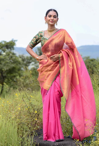Elegant pink and gold half-and-half cotton-acrylic saree with zari-striped pallu