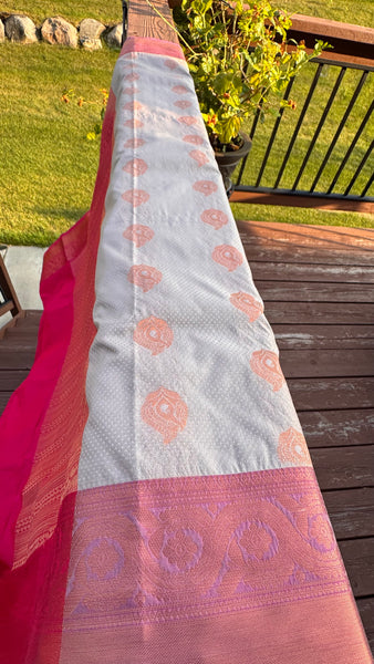 Biscuit and Pink Silk Banarasi Saree
