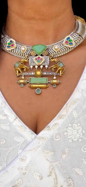 Dual 2 Tone Fusion Elephant Kundan Hasli Necklace Set