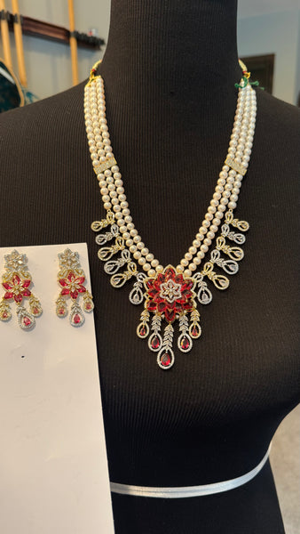 Natural Freshwater 3 Piece White Real Pearl Set with CZ 3D Flower Teardrop Design