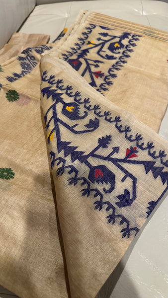 Navy Blue Handwoven Pure Tussar Silk Jamdani Saree