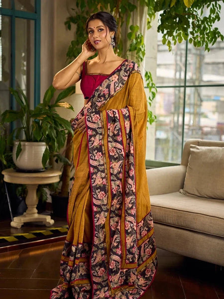 Mustard Kalamkari Print Chanderi Saree with Navy Blue Indigo Border