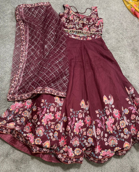 Floral Embroidered Lehenga in Wine Color