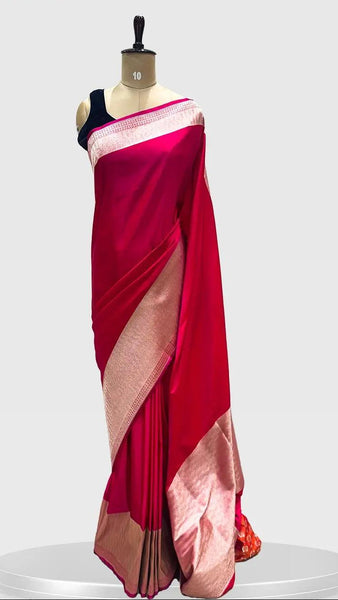 Soft Banarasi Silk Saree Rani Pink With Zari Border