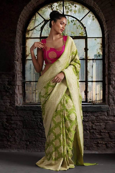 Pistachio Green Pure Georgette Khaddi Chiffon Saree