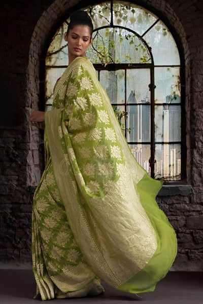 Pistachio Green Pure Georgette Khaddi Chiffon Saree
