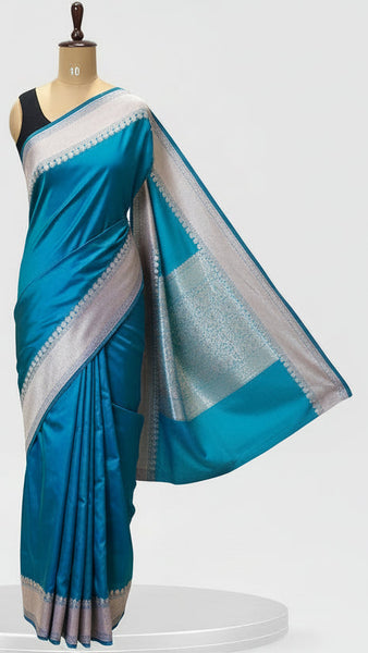 Soft Banarasi Silk Saree Iridescent Peacock Blue With Zari Border