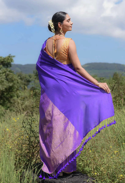 Blue and gold half-and-half saree with gold scallop lace