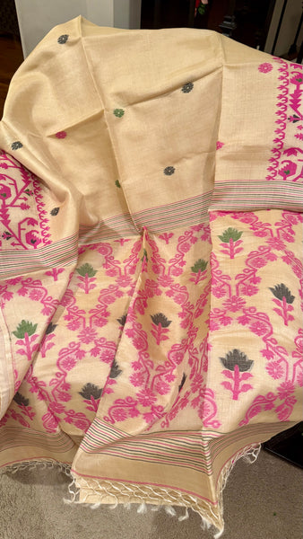 Pink Handwoven Pure Tussar Silk Jamdani Saree