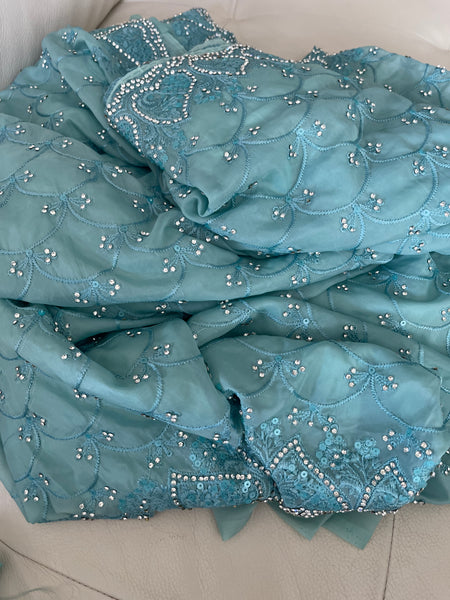 Teal Sky Blue Georgette Silk Saree with Crystals