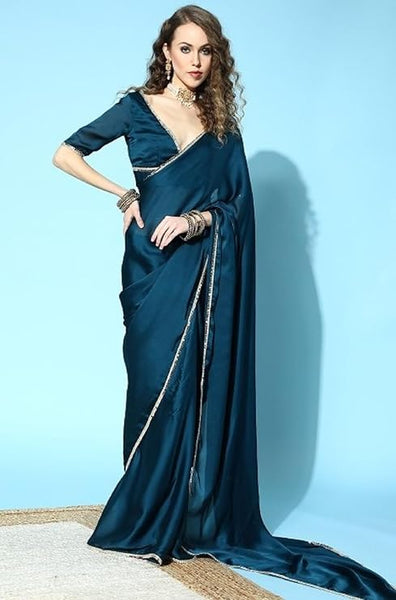 Midnight Teal Blue Satin Silk One Minute Ready to Wear Mirror Lace Saree