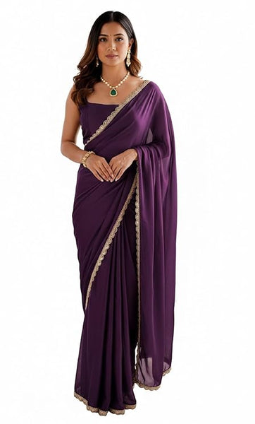 Ready To Wear One Minute Purple Georgette Scalloped Border Lace Saree