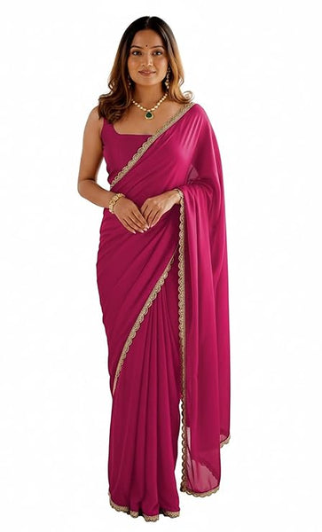Ready To Wear One Minute Pink Georgette Scalloped Border Lace Saree