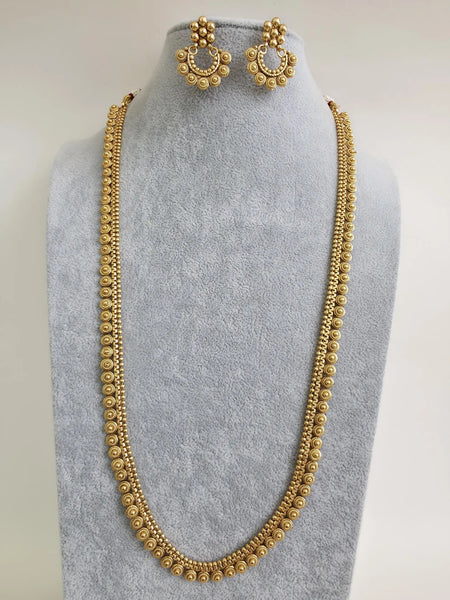 Long gold plated Polki Mala Necklace with Earrings