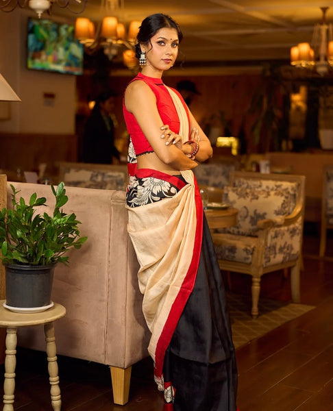 Black Pure Silk Saree with Red & Ivory Kalamkari Floral Border