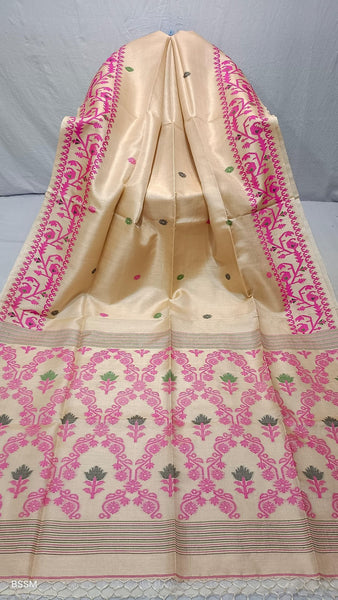 Pink Handwoven Pure Tussar Silk Jamdani Saree