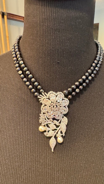 Natural Freshwater Black Real Pearl Set with CZ 3D Rose Design
