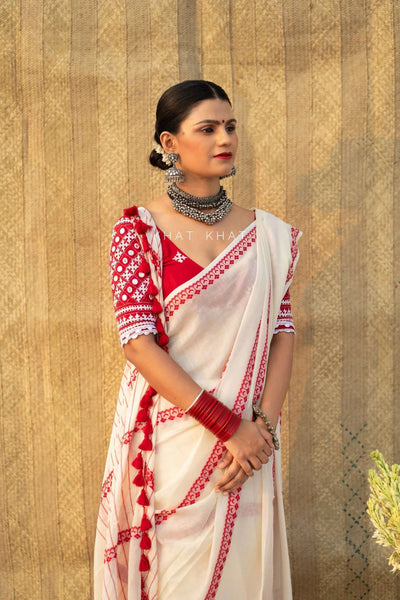 White and Red Woven Handloom Cotton Saree
