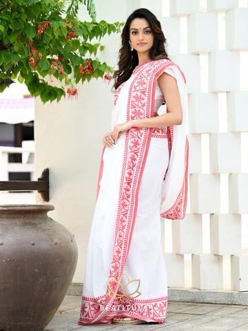 White and Red Handloom Cotton Saree