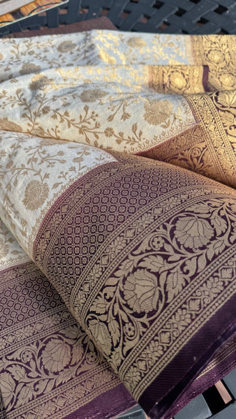 Off White Banarasi Crepe Silk Saree with Deep Purple Border