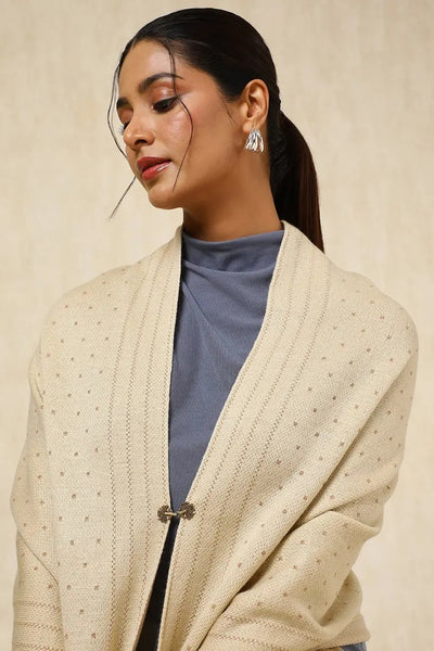 Beige Acrylic Woven Design Fringed Shawl