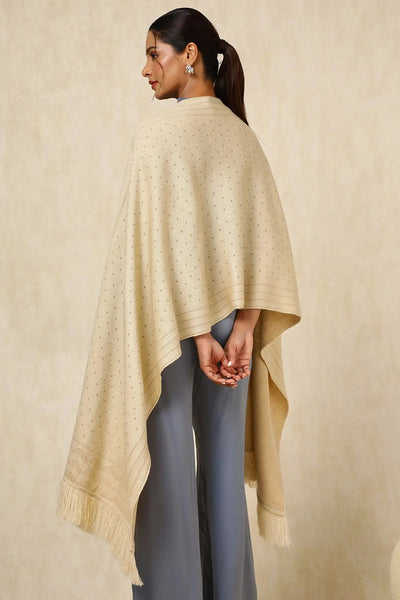 Beige Acrylic Woven Design Fringed Shawl