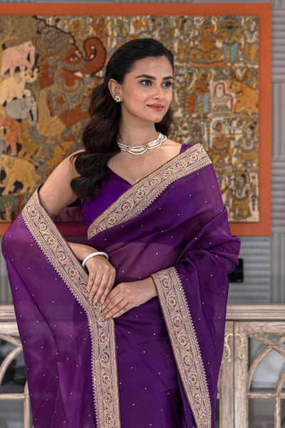 Purple Crepe Silk Sarees with Sabyasachi Border with Velvet Blouse