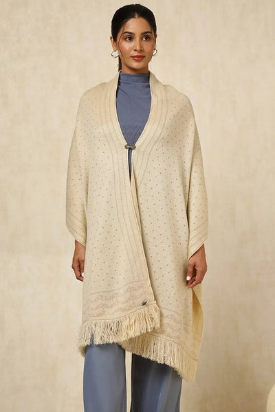 Beige Acrylic Woven Design Fringed Shawl
