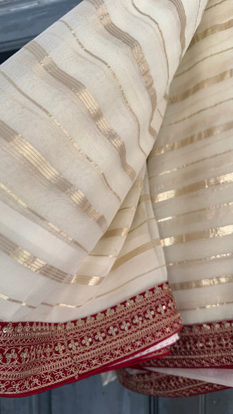 White and Red Georgette Chiffon Zardosi Saree