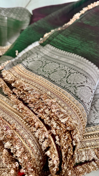 Iridescent Green Tissue Banarasi Brocade Silk Saree