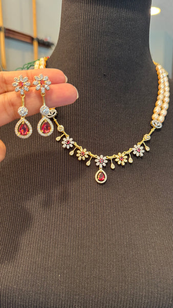Natural Freshwater White Real Pearl Set with CZ Stonework