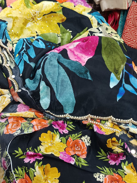 Black Multicolor Crepe digital print with pearl and Katdana borders