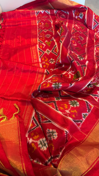 Pure Ikkat Double Weaving Silk Red and Multicolor Saree