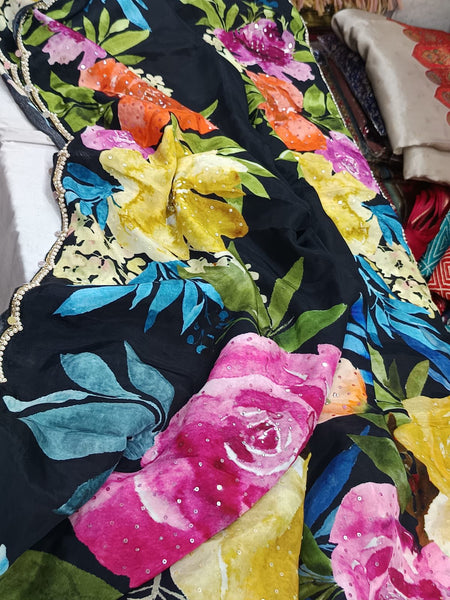 Black Multicolor Crepe digital print with pearl and Katdana borders