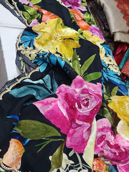 Black Multicolor Crepe digital print with pearl and Katdana borders
